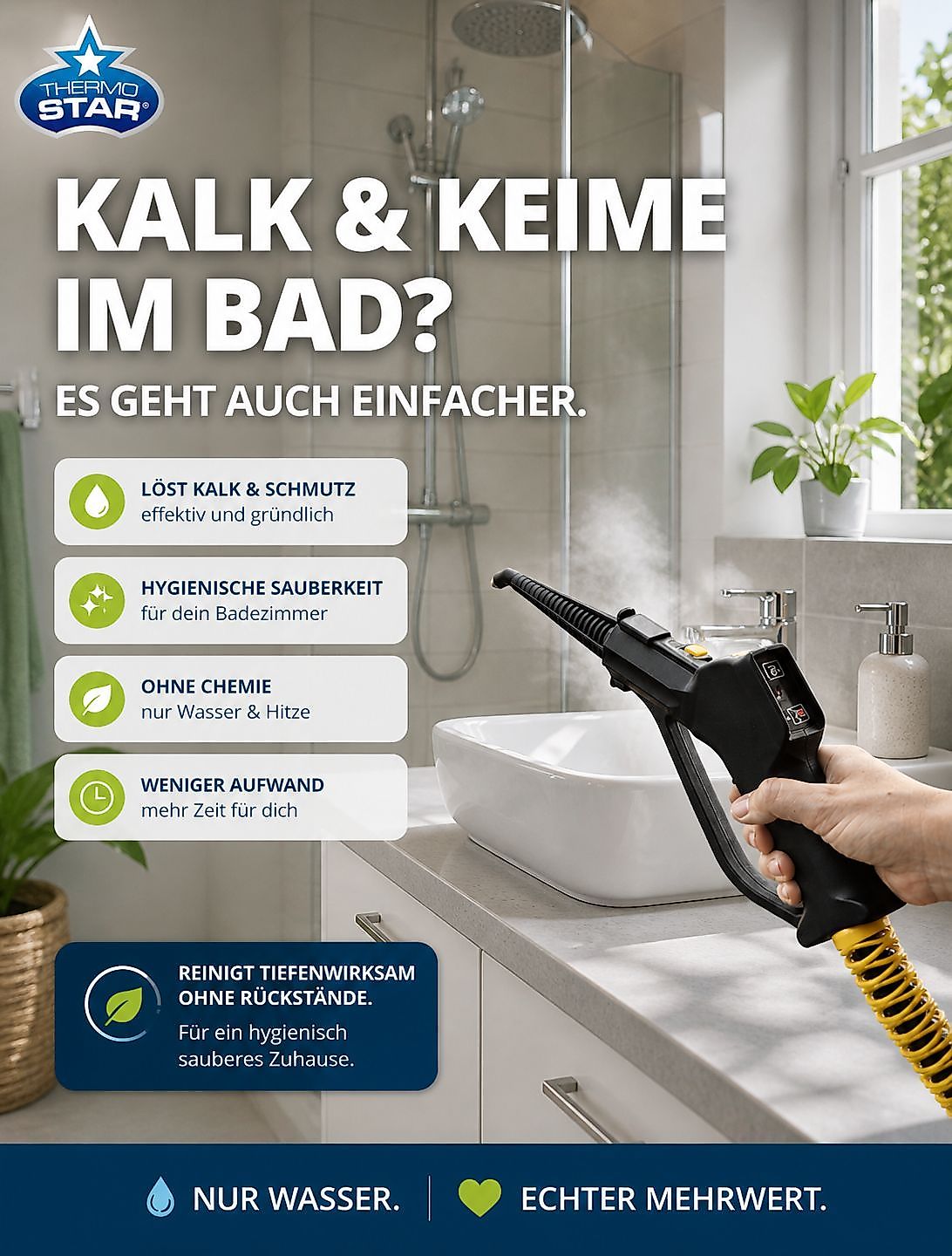 Kalk & Keime im Bad? Es geht auch einfacher – reinigt tiefenwirksam ohne Rückstände.