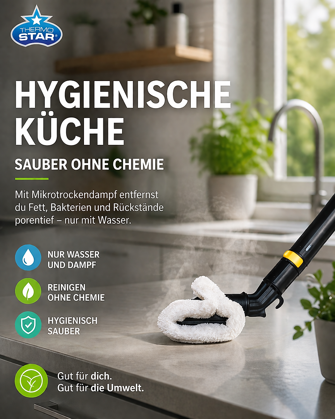 Hygienische Küche. Sauber ohne Chemie – gut für dich, gut für die Umwelt.